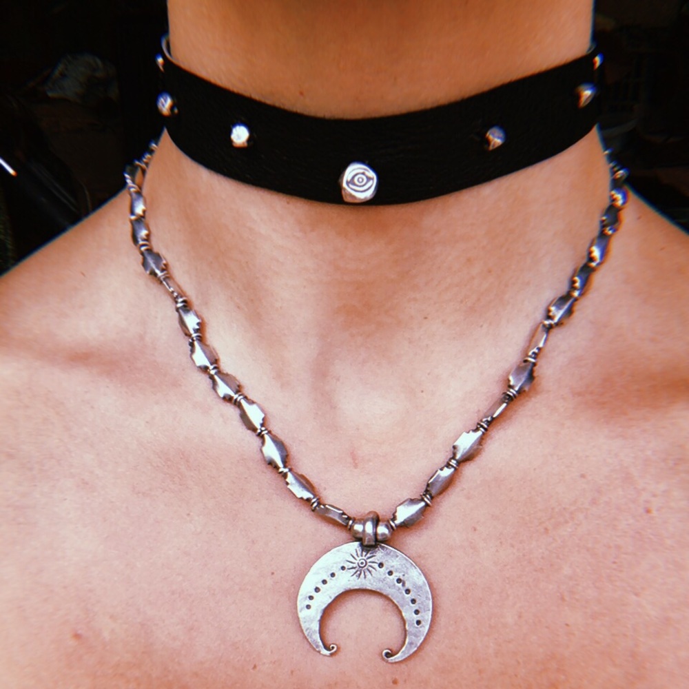 Genuine Recycled Black Leather Choker Silver Beads
